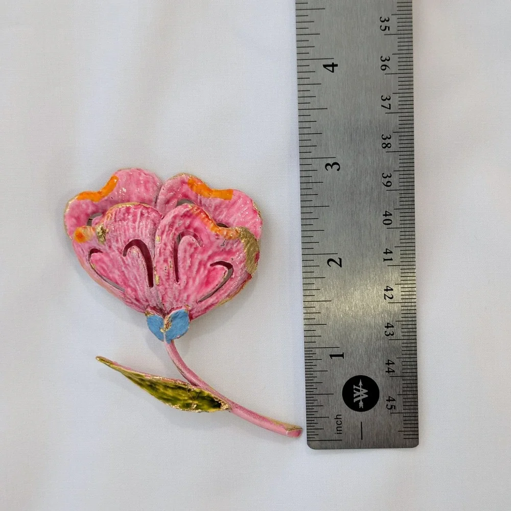 Vintage Signed ART Enamel Flower Brooch Pin Arthur Pepper Gold Tone 3" x 2" - Picture 8 of 9